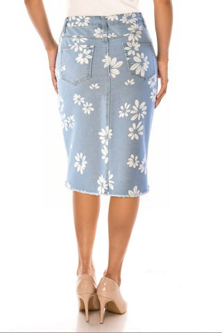 Daisy Print Denim Midi Skirt