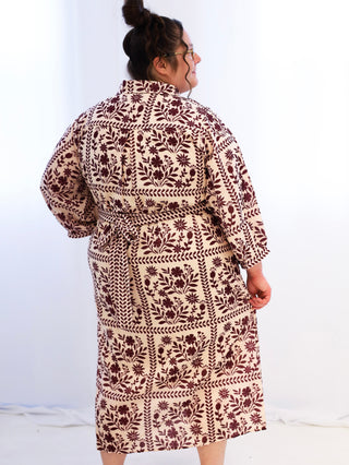 Burgundy and Cream Floral Midi Dress