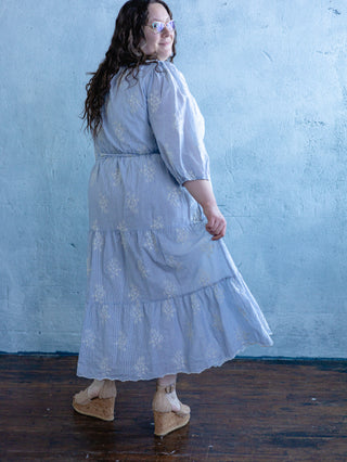 Light Blue Pinstripe Embroidered Maxi Dress