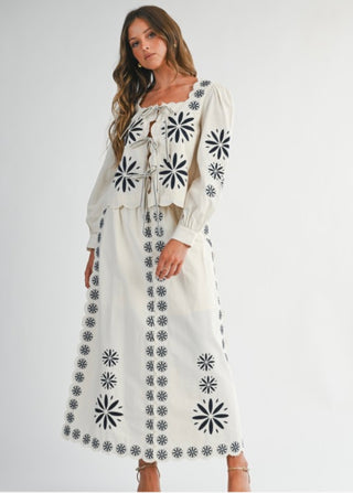 Boho Dream Embroidered Front Tie Top and Matching Skirt Set