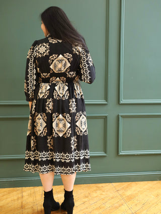 Gold and Black Tile Print Dress with Zipper Detail