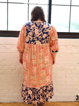 Peach and Navy Floral Midi Dress