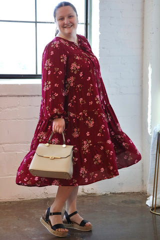 Burgundy Floral Tiered Midi Dress