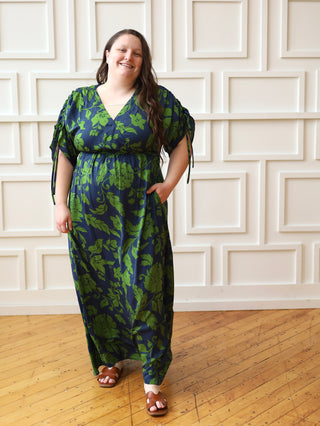 Navy and Green Satin Kimono Dress