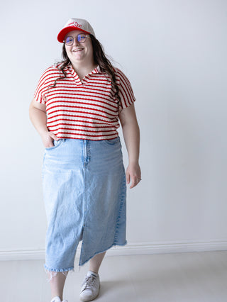 Red and Cream Striped Collared Top