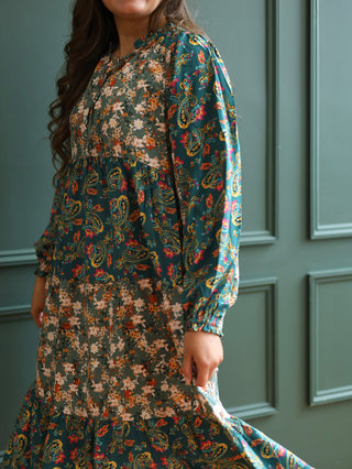Green Paisley Mixed Print Midi Dress