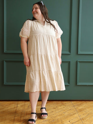 Beige Bubble Sleeve Linen Midi Dress