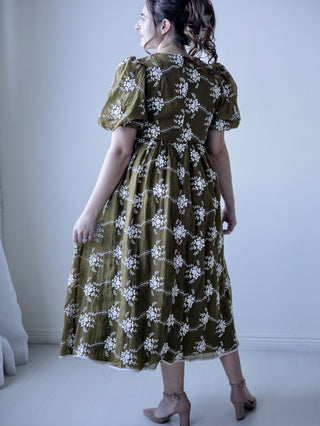 Olive Green Embroidered Bow Midi Dress