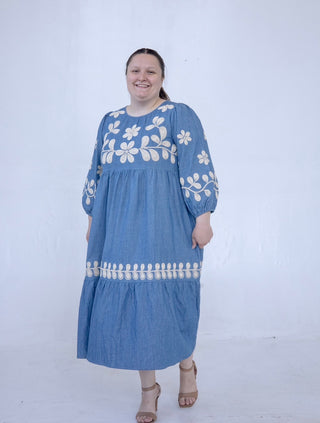 Denim Embroidered Flower Midi Dress