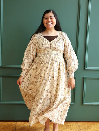 Cream and Brown Wildflower Maxi Dress