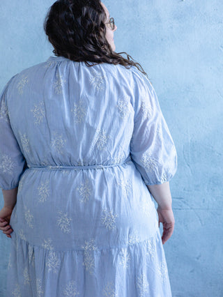 Light Blue Pinstripe Embroidered Maxi Dress