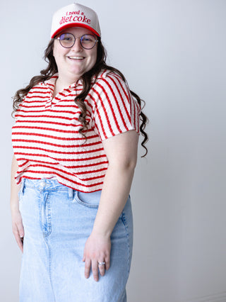Red and Cream Striped Collared Top