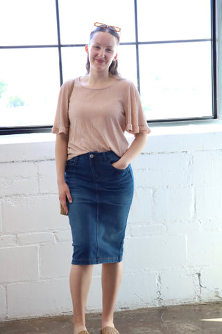 Cassie Distressed Denim Midi Skirt