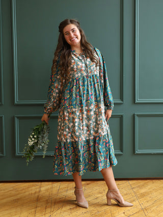 Green Paisley Mixed Print Midi Dress