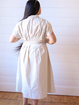 Oatmeal Striped Button Front Pleated Shirt Dress