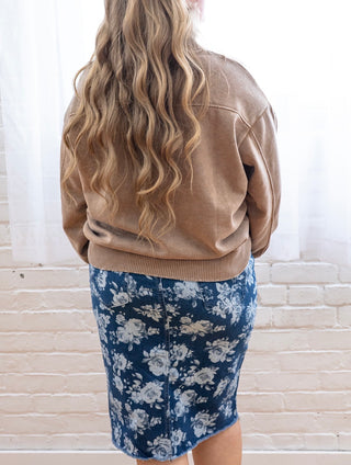 Rose Print Denim Midi Skirt