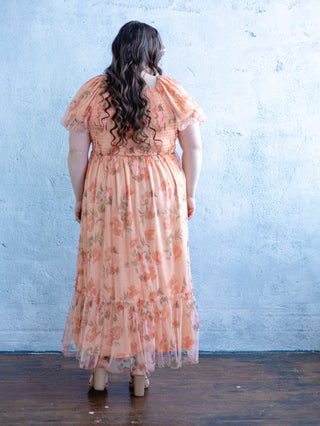 Peach Floral Tulle Maxi Dress
