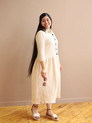 Beige Square Button Midi Dress