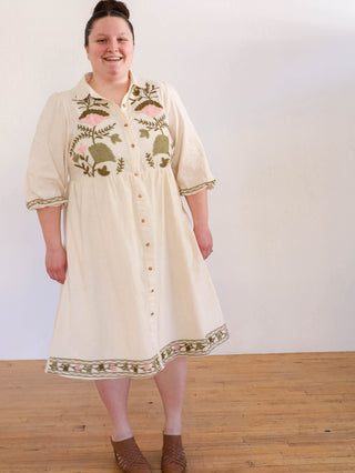 Ferns and Flowers Olive and Cream Embroidered Midi Dress