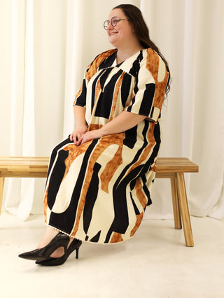 Calico Black and Brown Abstract Midi Dress