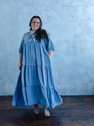 Washed Denim Tiered Fringe Dress