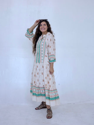 Beige and Teal Paisley Midi Dress