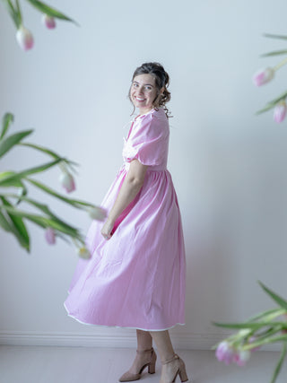 Pastel Pink and White Bow Midi Dress