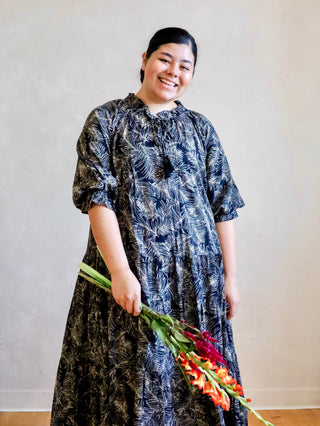 Black and White Leaf Print Maxi Plus Dress