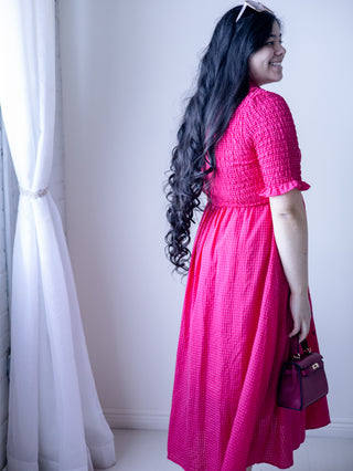 Pink and Red Gingham Smocked Midi Dress