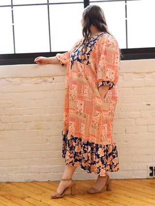 Peach and Navy Floral Midi Dress