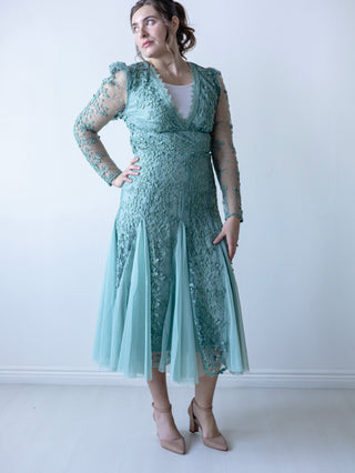 Sage Vintage Lace Appliqué and Tulle Midi Dress