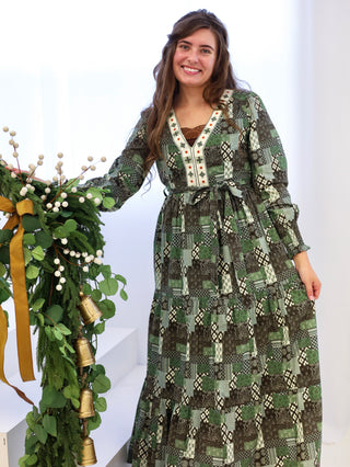 Vintage Christmas Olive Green Patchwork Dress
