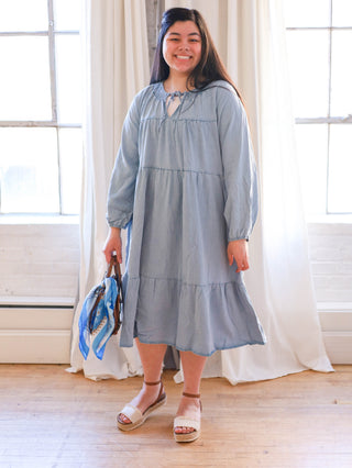 Light Wash Smock Denim Tiered Midi Dress