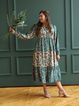 Green Paisley Mixed Print Midi Dress