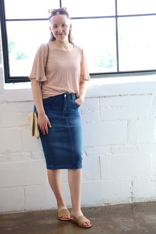 Cassie Distressed Denim Midi Skirt