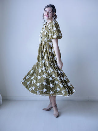 Olive Green Embroidered Bow Midi Dress