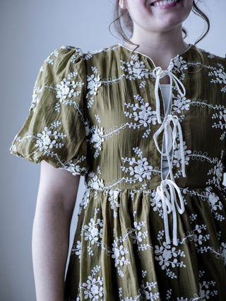 Olive Green Embroidered Bow Midi Dress