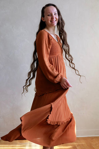 Your New Favorite Burnt Orange Smocked Maxi Dress