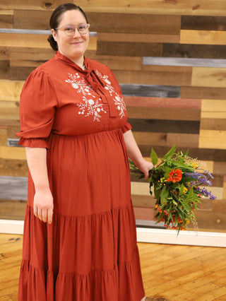 Rust Embroidered Bow Tie Maxi Dress