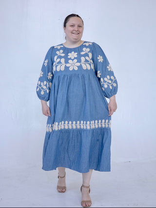 Denim Embroidered Flower Midi Dress