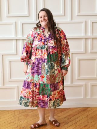 Paisley Green and Pink Colorblock Dress