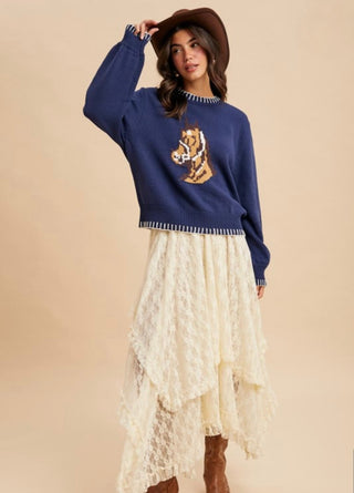 Navy Vintage Horse Head Motif Sweater