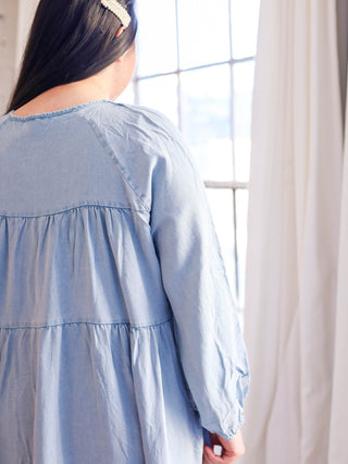 Light Wash Smock Denim Tiered Midi Dress