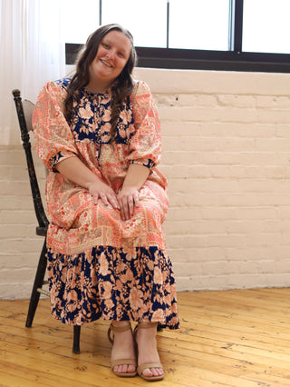 Peach and Navy Floral Midi Dress