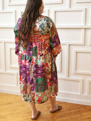 Paisley Green and Pink Colorblock Dress