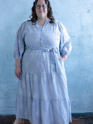 Light Blue Pinstripe Embroidered Maxi Dress