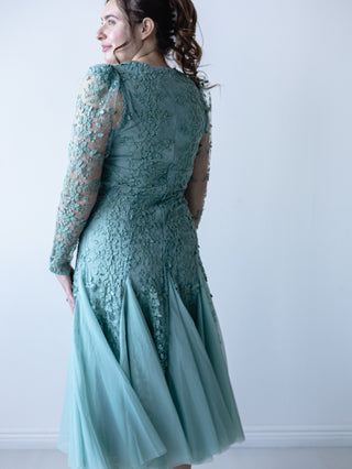 Sage Vintage Lace Appliqué and Tulle Midi Dress