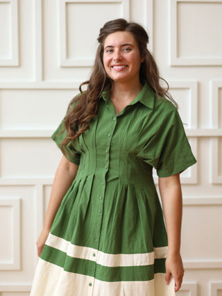 Olive and Beige Pleated Button Down Shirt Dress