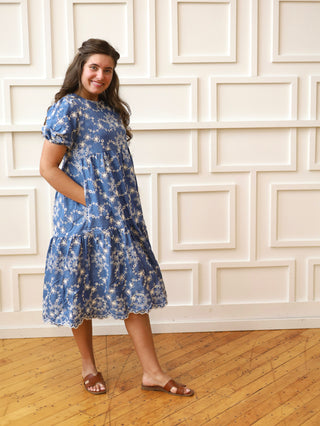 Denim Blue Eyelet Embroidered Midi Dress