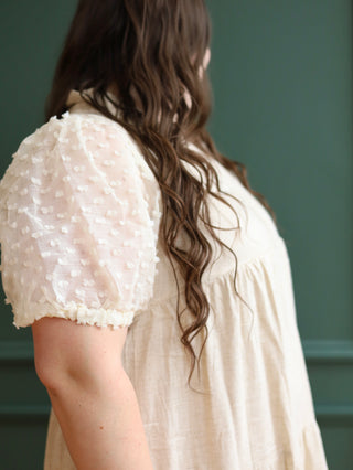 Beige Bubble Sleeve Linen Midi Dress